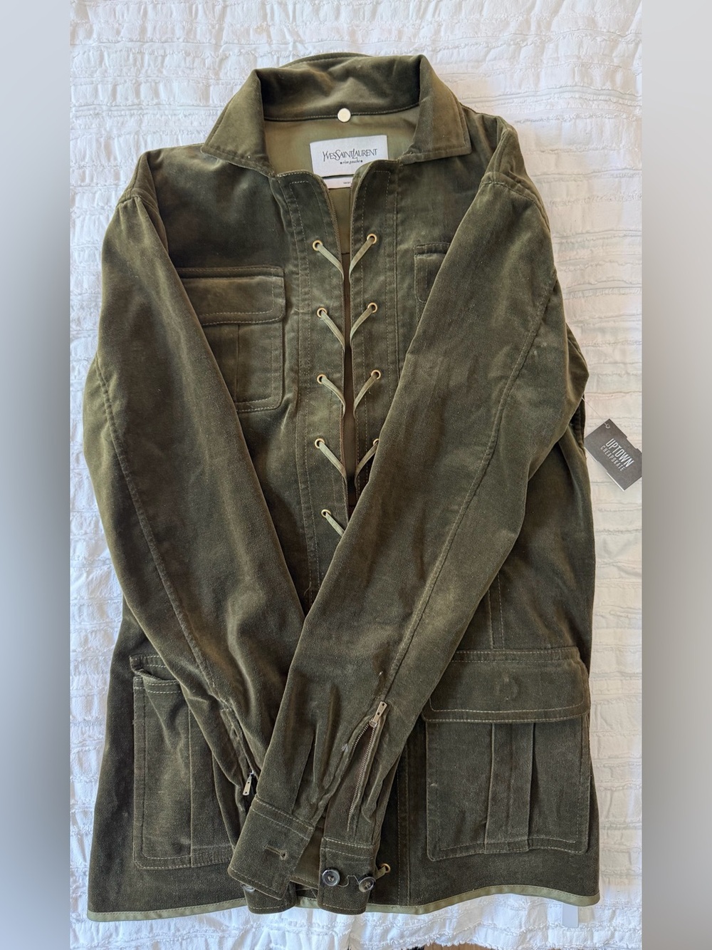 Yves Saint Laurent Olive Green Suede Jacket with Label Detail
